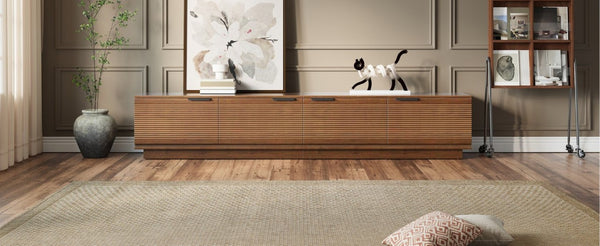 English Elm 78-Inch Fluted Walnut TV Console with Soft Close Cabinets for Living Room Spaces N710P468999P