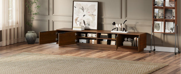 English Elm 78-Inch Fluted Walnut TV Console with Soft Close Cabinets for Living Room Spaces N710P468999P