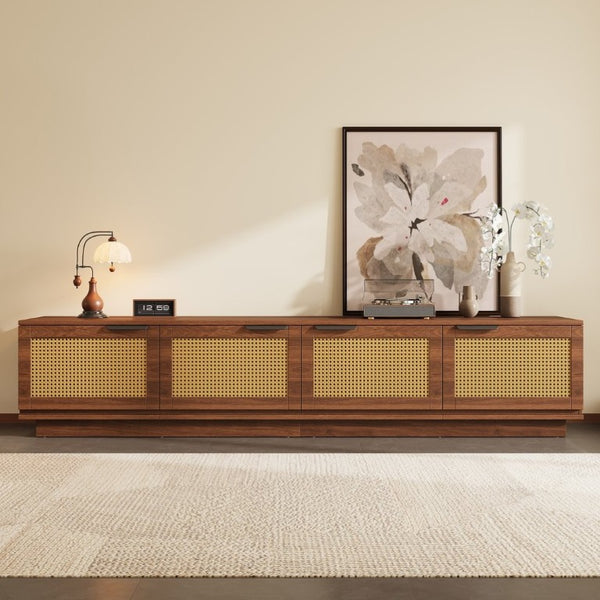 English Elm 78-Inch Rattan Panel Media Console Walnut Finish Modern Living Room Entertainment Unit N710P469000P