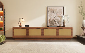 English Elm 78-Inch Rattan Panel Media Console Walnut Finish Modern Living Room Entertainment Unit N710P469000P