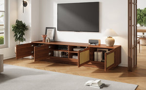English Elm 78-Inch Rattan Panel Media Console Walnut Finish Modern Living Room Entertainment Unit N710P469000P