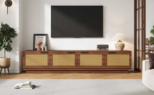 English Elm 78-Inch Rattan Panel Media Console Walnut Finish Modern Living Room Entertainment Unit N710P469000P