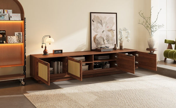 English Elm 78-Inch Rattan Panel Media Console Walnut Finish Modern Living Room Entertainment Unit N710P469000P