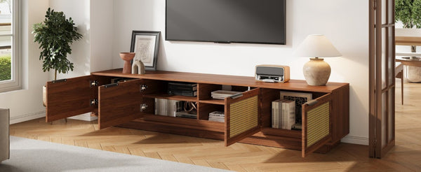 English Elm 78-Inch Rattan Panel Media Console Walnut Finish Modern Living Room Entertainment Unit N710P469000P