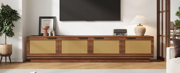 English Elm 78-Inch Rattan Panel Media Console Walnut Finish Modern Living Room Entertainment Unit N710P469000P
