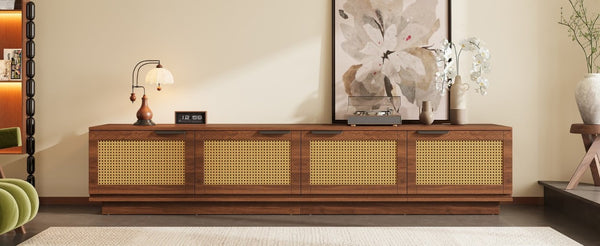 English Elm 78-Inch Rattan Panel Media Console Walnut Finish Modern Living Room Entertainment Unit N710P469000P
