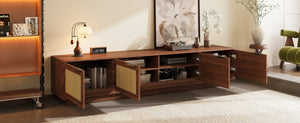 English Elm 78-Inch Rattan Panel Media Console Walnut Finish Modern Living Room Entertainment Unit N710P469000P