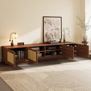 English Elm 78-Inch Rattan Panel Media Console Walnut Finish Modern Living Room Entertainment Unit N710P469000P