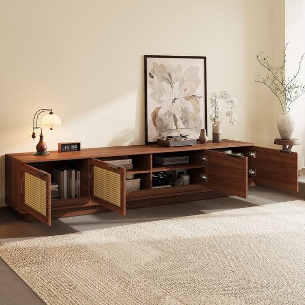 English Elm 78-Inch Rattan Panel Media Console Walnut Finish Modern Living Room Entertainment Unit N710P469000P