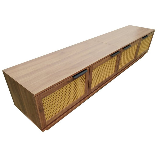 English Elm 78-Inch Rattan Panel Media Console Walnut Finish Modern Living Room Entertainment Unit N710P469000P