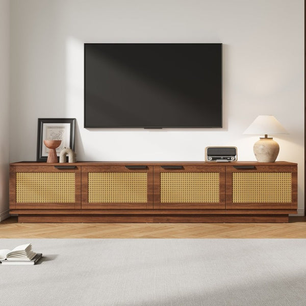 English Elm 78-Inch Rattan Panel Media Console Walnut Finish Modern Living Room Entertainment Unit N710P469000P