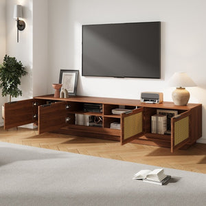 English Elm 78-Inch Rattan Panel Media Console Walnut Finish Modern Living Room Entertainment Unit N710P469000P