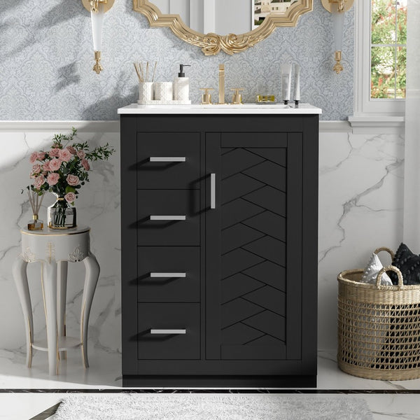 English Elm 24" Single Bathroom Vanity Ceramic Sink Soft Close Drawers Polished Gold Hardware Black N710P469241B