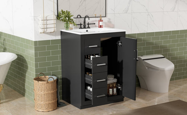 English Elm 24" Single Bathroom Vanity Ceramic Sink Soft Close Drawers Polished Gold Hardware Black N710P469241B