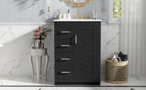 English Elm 24" Single Bathroom Vanity Ceramic Sink Soft Close Drawers Polished Gold Hardware Black N710P469241B