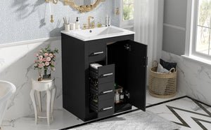 English Elm 24" Single Bathroom Vanity Ceramic Sink Soft Close Drawers Polished Gold Hardware Black N710P469241B