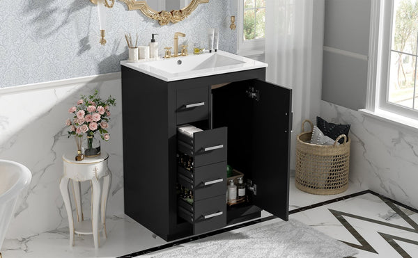 English Elm 24" Single Bathroom Vanity Ceramic Sink Soft Close Drawers Polished Gold Hardware Black N710P469241B