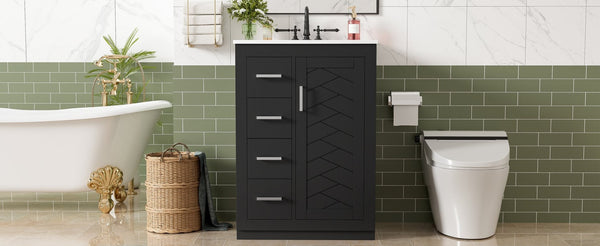 English Elm 24" Single Bathroom Vanity Ceramic Sink Soft Close Drawers Polished Gold Hardware Black N710P469241B