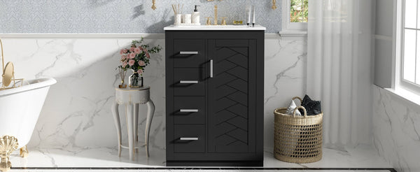 English Elm 24" Single Bathroom Vanity Ceramic Sink Soft Close Drawers Polished Gold Hardware Black N710P469241B