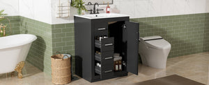English Elm 24" Single Bathroom Vanity Ceramic Sink Soft Close Drawers Polished Gold Hardware Black N710P469241B
