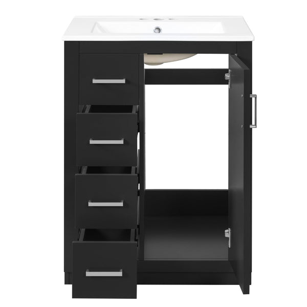 English Elm 24" Single Bathroom Vanity Ceramic Sink Soft Close Drawers Polished Gold Hardware Black N710P469241B