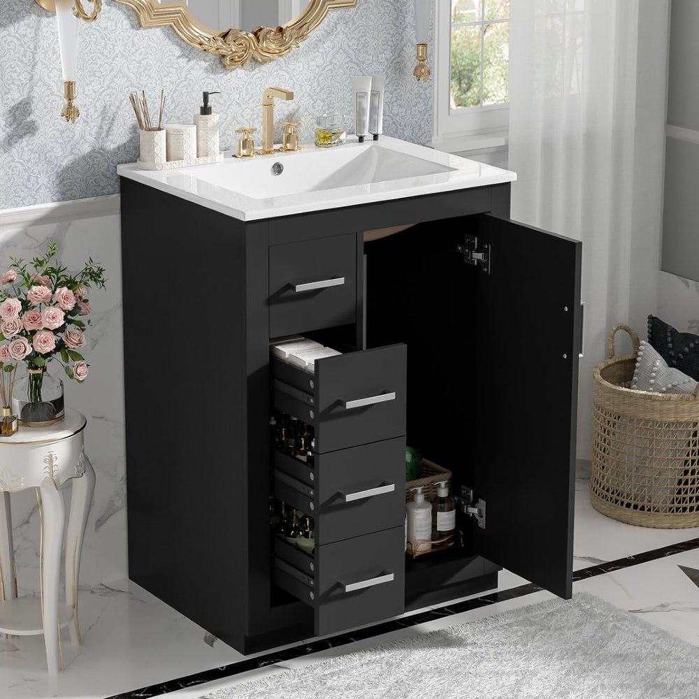English Elm 24" Single Bathroom Vanity Ceramic Sink Soft Close Drawers Polished Gold Hardware Black N710P469241B