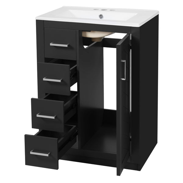 English Elm 24" Single Bathroom Vanity Ceramic Sink Soft Close Drawers Polished Gold Hardware Black N710P469241B