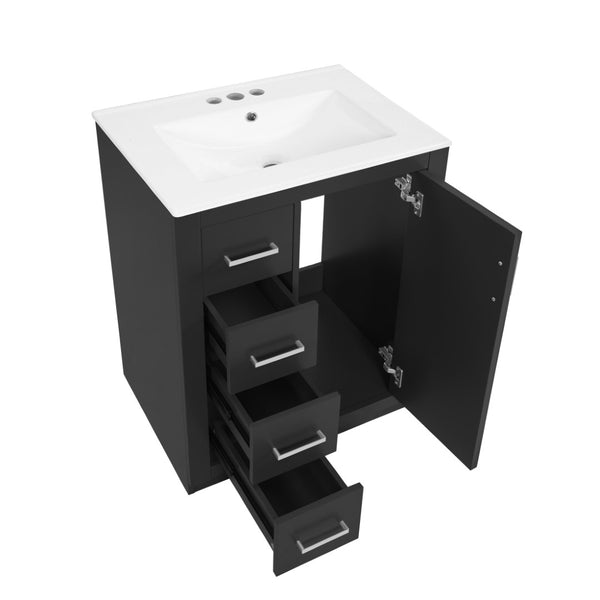 English Elm 24" Single Bathroom Vanity Ceramic Sink Soft Close Drawers Polished Gold Hardware Black N710P469241B