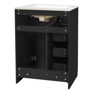 English Elm 24" Single Bathroom Vanity Ceramic Sink Soft Close Drawers Polished Gold Hardware Black N710P469241B