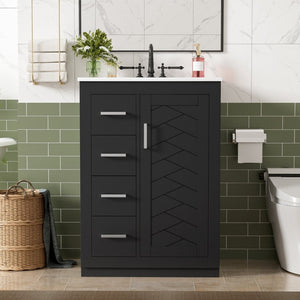 English Elm 24" Single Bathroom Vanity Ceramic Sink Soft Close Drawers Polished Gold Hardware Black N710P469241B