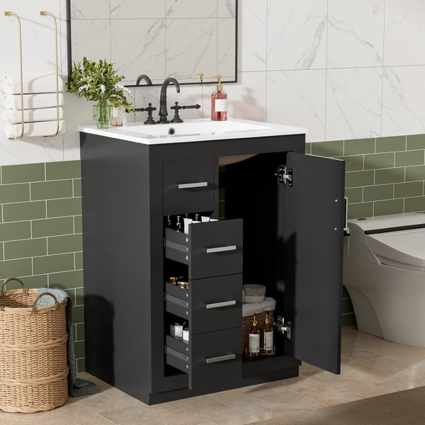 English Elm 24" Single Bathroom Vanity Ceramic Sink Soft Close Drawers Polished Gold Hardware Black N710P469241B