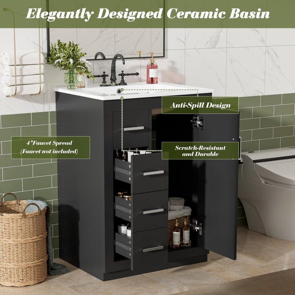 English Elm 24" Single Bathroom Vanity Ceramic Sink Soft Close Drawers Polished Gold Hardware Black N710P469241B