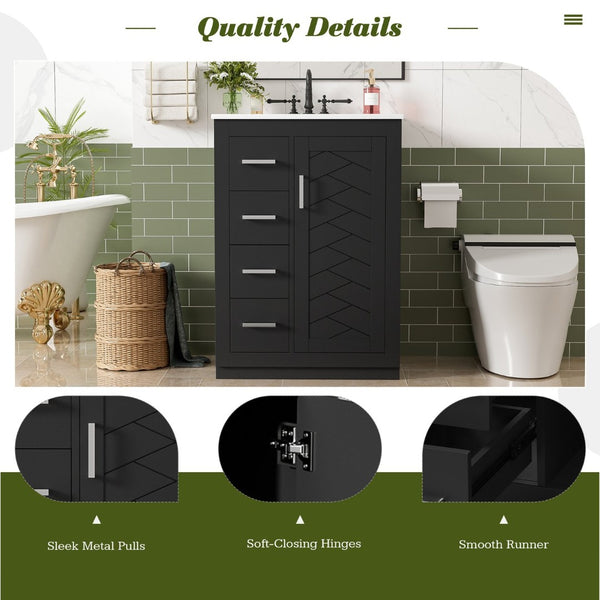 English Elm 24" Single Bathroom Vanity Ceramic Sink Soft Close Drawers Polished Gold Hardware Black N710P469241B