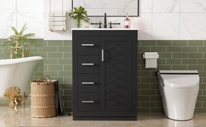 English Elm 24" Single Bathroom Vanity Ceramic Sink Soft Close Drawers Polished Gold Hardware Black N710P469241B
