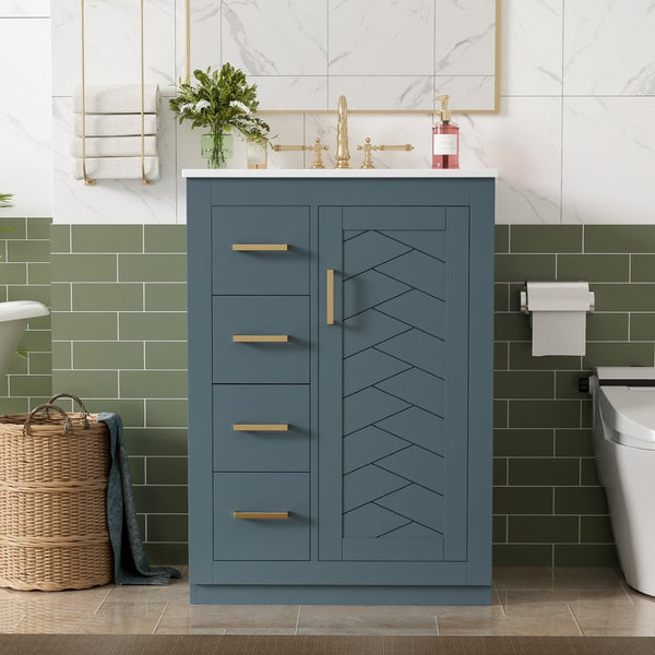 English Elm 24" Single Bathroom Vanity Ceramic Sink Soft Close Drawers Polished Gold Hardware Blue N710P469241C