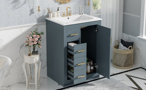 English Elm 24" Single Bathroom Vanity Ceramic Sink Soft Close Drawers Polished Gold Hardware Blue N710P469241C