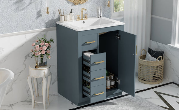 English Elm 24" Single Bathroom Vanity Ceramic Sink Soft Close Drawers Polished Gold Hardware Blue N710P469241C