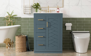 English Elm 24" Single Bathroom Vanity Ceramic Sink Soft Close Drawers Polished Gold Hardware Blue N710P469241C