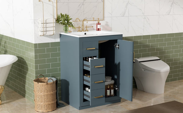English Elm 24" Single Bathroom Vanity Ceramic Sink Soft Close Drawers Polished Gold Hardware Blue N710P469241C