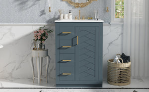 English Elm 24" Single Bathroom Vanity Ceramic Sink Soft Close Drawers Polished Gold Hardware Blue N710P469241C