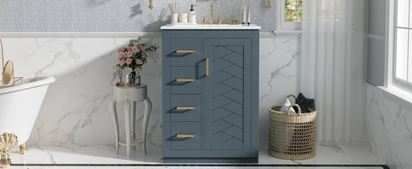 English Elm 24" Single Bathroom Vanity Ceramic Sink Soft Close Drawers Polished Gold Hardware Blue N710P469241C
