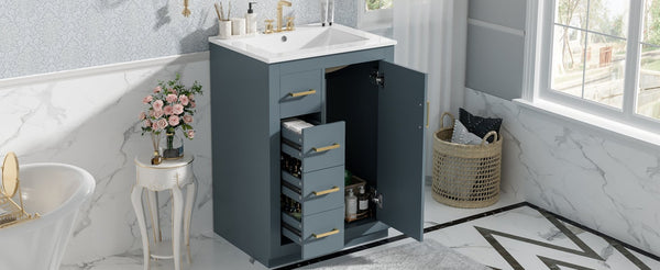 English Elm 24" Single Bathroom Vanity Ceramic Sink Soft Close Drawers Polished Gold Hardware Blue N710P469241C