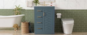 English Elm 24" Single Bathroom Vanity Ceramic Sink Soft Close Drawers Polished Gold Hardware Blue N710P469241C