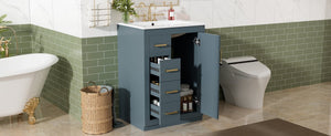 English Elm 24" Single Bathroom Vanity Ceramic Sink Soft Close Drawers Polished Gold Hardware Blue N710P469241C