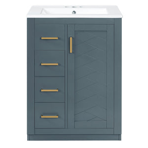 English Elm 24" Single Bathroom Vanity Ceramic Sink Soft Close Drawers Polished Gold Hardware Blue N710P469241C