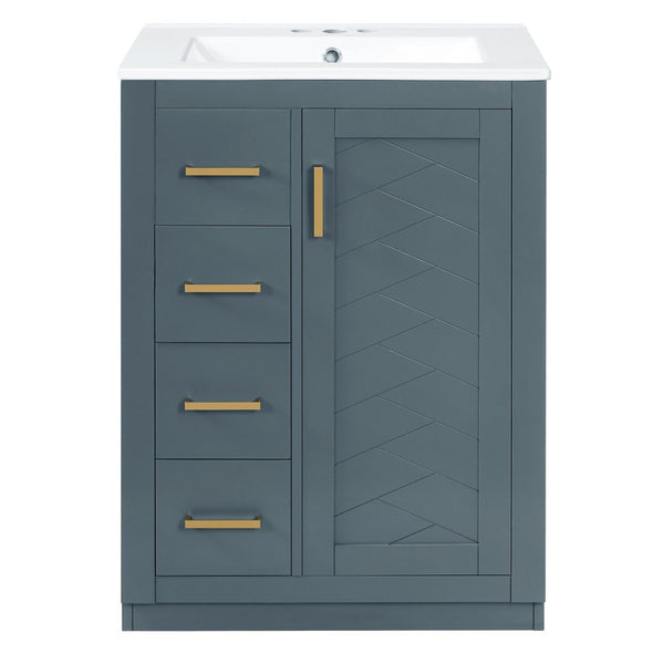 English Elm 24" Single Bathroom Vanity Ceramic Sink Soft Close Drawers Polished Gold Hardware Blue N710P469241C