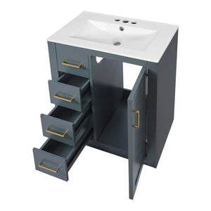 English Elm 24" Single Bathroom Vanity Ceramic Sink Soft Close Drawers Polished Gold Hardware Blue N710P469241C