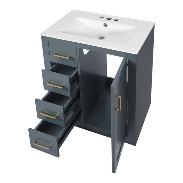 English Elm 24" Single Bathroom Vanity Ceramic Sink Soft Close Drawers Polished Gold Hardware Blue N710P469241C