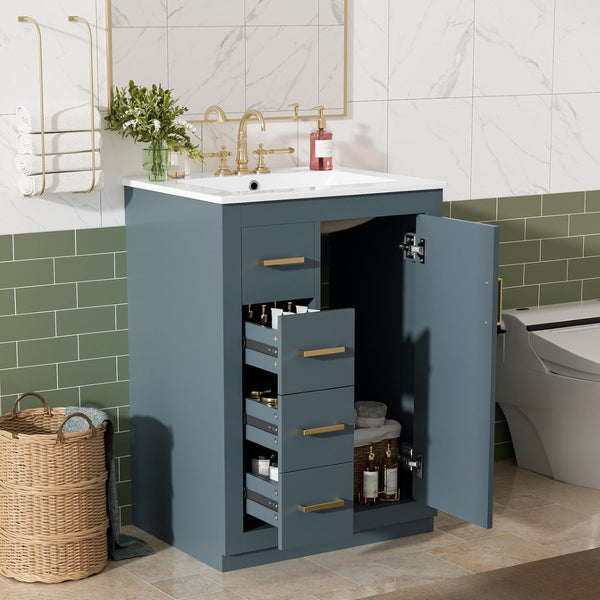 English Elm 24" Single Bathroom Vanity Ceramic Sink Soft Close Drawers Polished Gold Hardware Blue N710P469241C