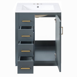 English Elm 24" Single Bathroom Vanity Ceramic Sink Soft Close Drawers Polished Gold Hardware Blue N710P469241C